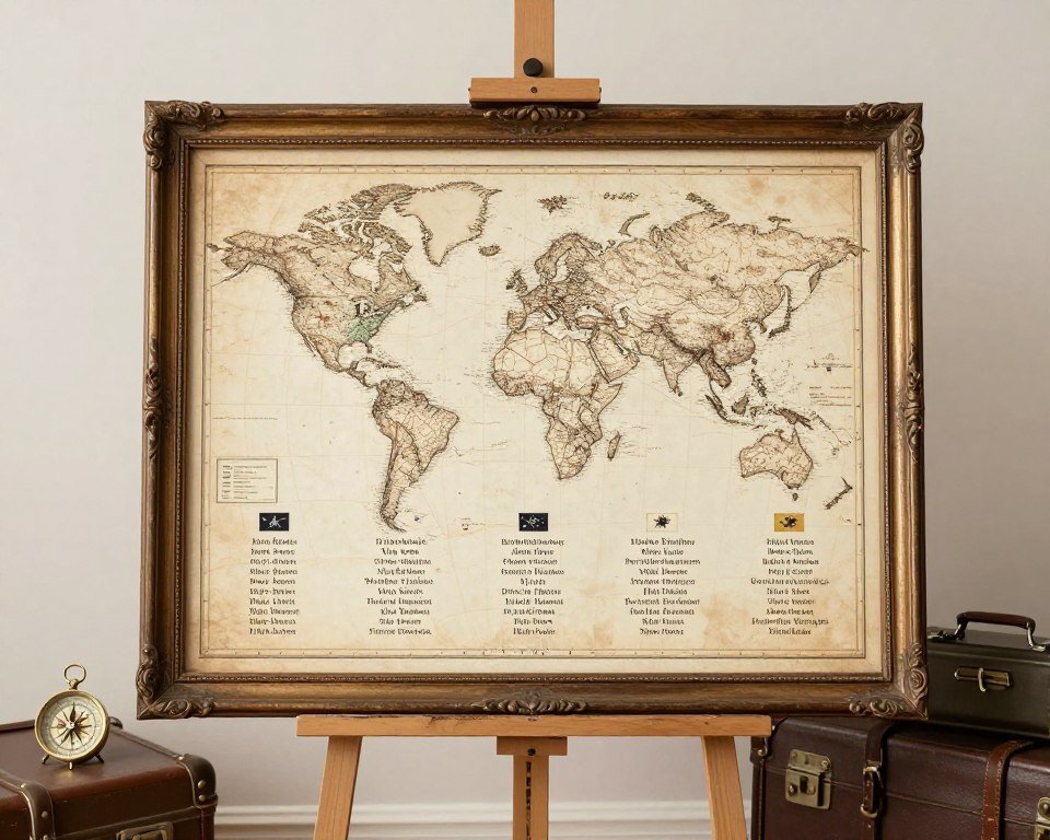 travel themed wedding seating chart with vintage map and destination table names