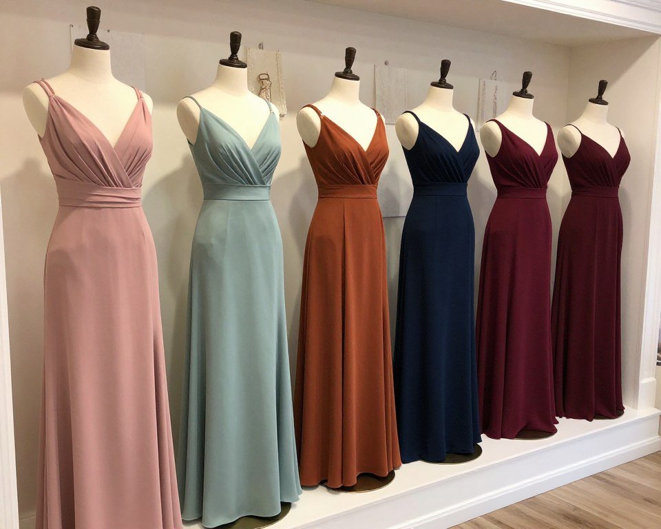 trending bridesmaid dress color combinations displayed on mannequins for wedding inspiration