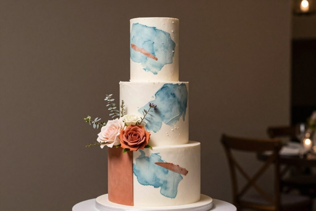trendy modern wedding cake with artistic painted details and fresh florals trendy modern wedding cake with artistic painted details and fresh florals