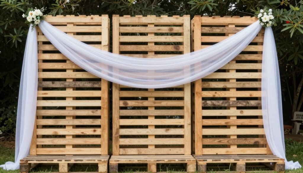 triple pallet wedding backdrop with fabric draping