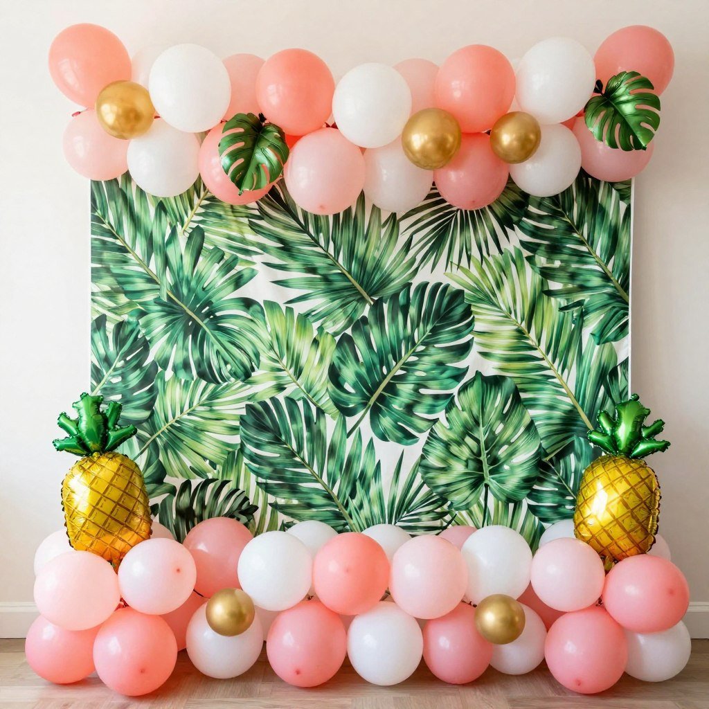 tropical balloon garland with palm leaf backdrop