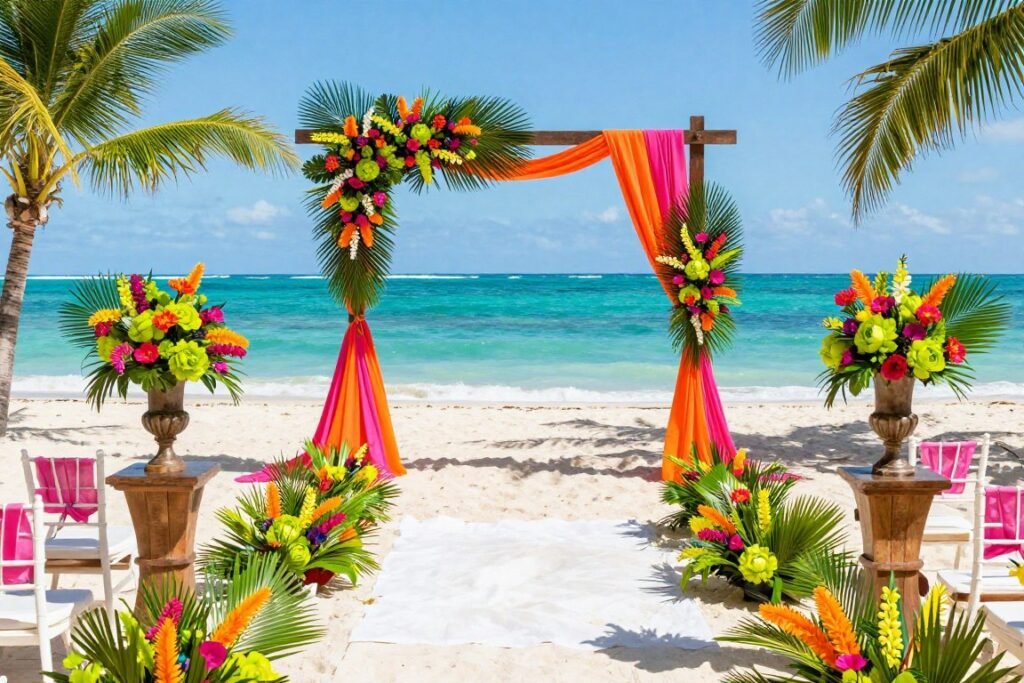 tropical destination wedding with vibrant color palette and exotic flowers