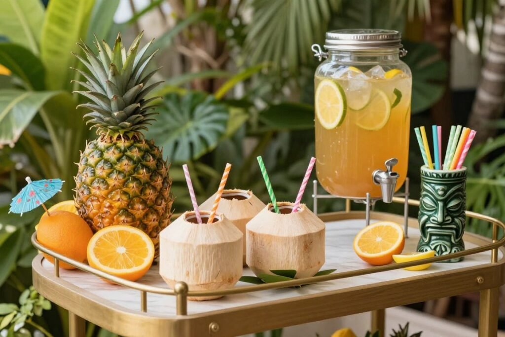 tropical drink station with coconut cups and fruit garnishes