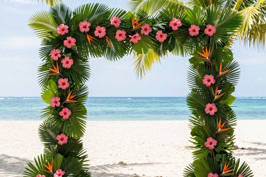 tropical flowers on beach wedding arch