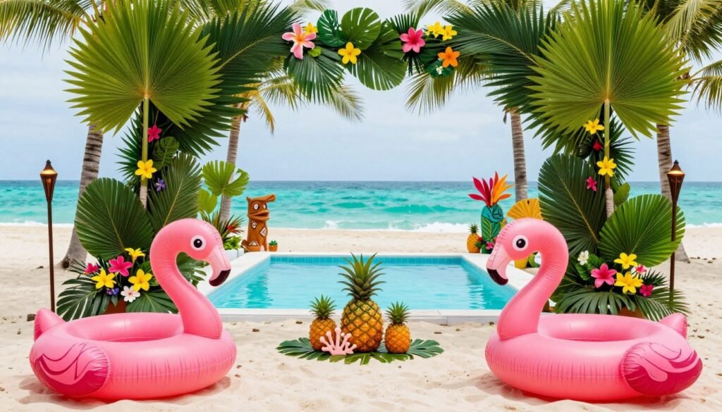 tropical themed bachelorette party decorations with palm leaves and flamingos