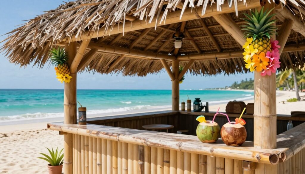 tropical tiki bar with bamboo structure and colorful cocktails tropical tiki bar with bamboo structure and colorful cocktails