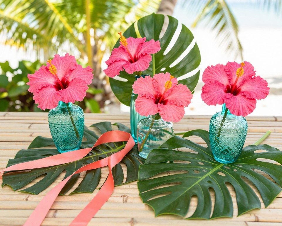 tropical wedding colors featuring hot pink, turquoise, and coral with palm leaves