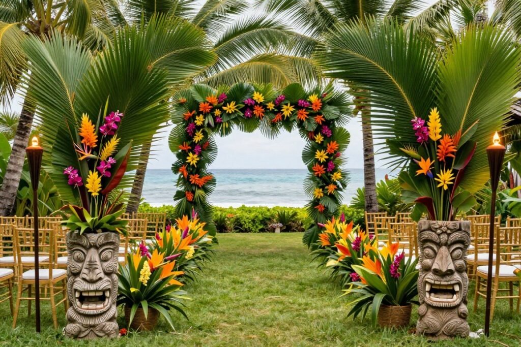 tropical wedding theme with palm leaves and exotic flowers