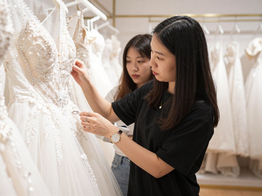 trying on wedding jewelry with dress