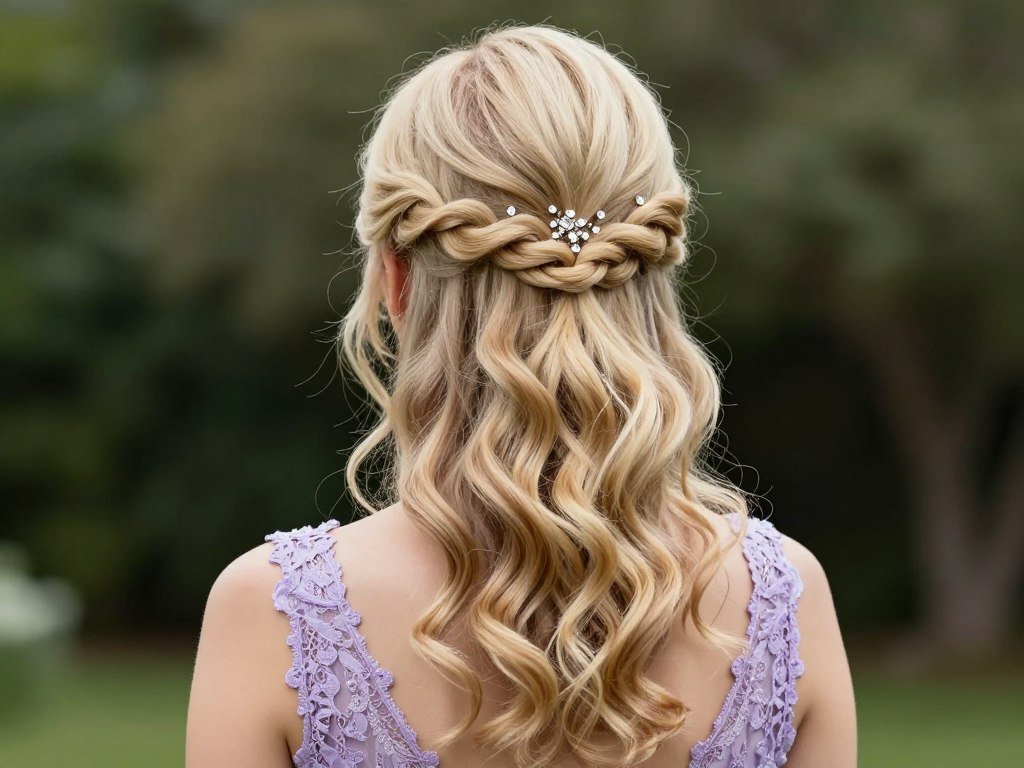 twisted half-up bridesmaid hair from back view