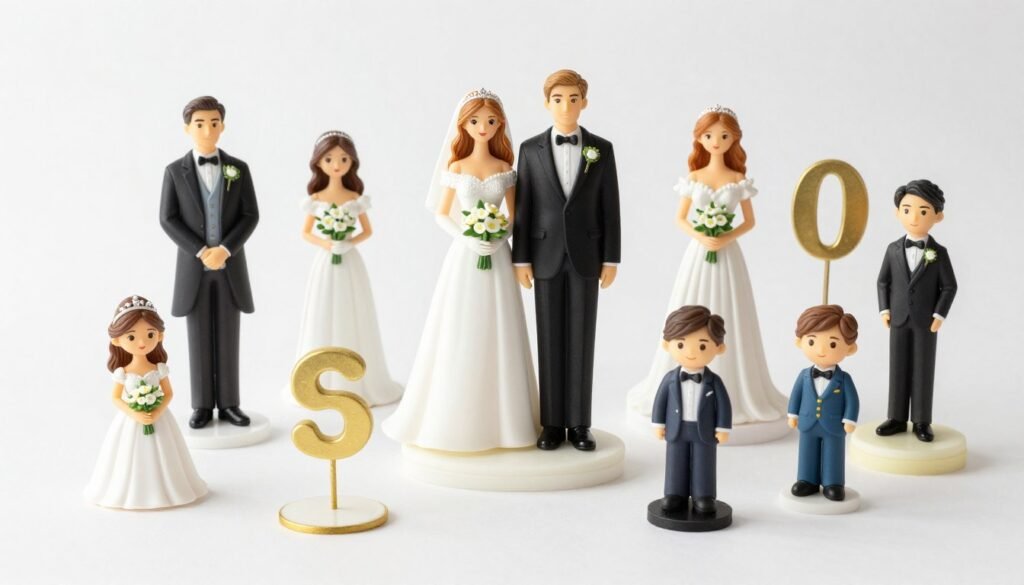 variety of cake toppers displayed on cakes
