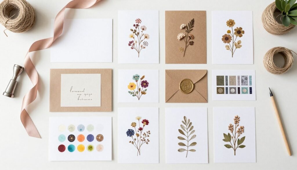 variety of card design elements including ribbons, stamps, and embellishments