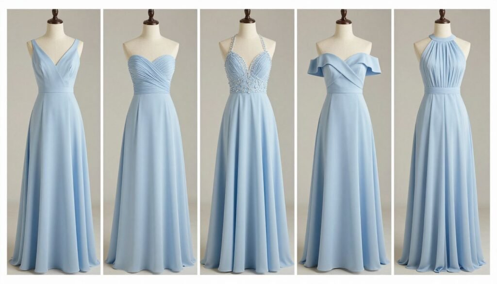 variety of neckline styles in light blue bridesmaid dresses