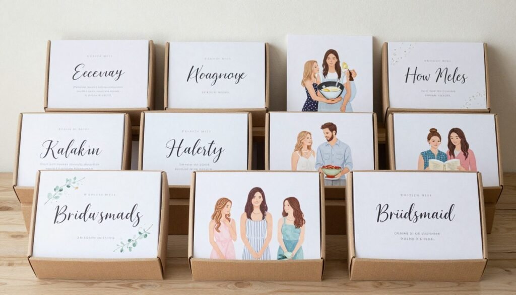 variety of personalized bridesmaid boxes showing different hobby themes