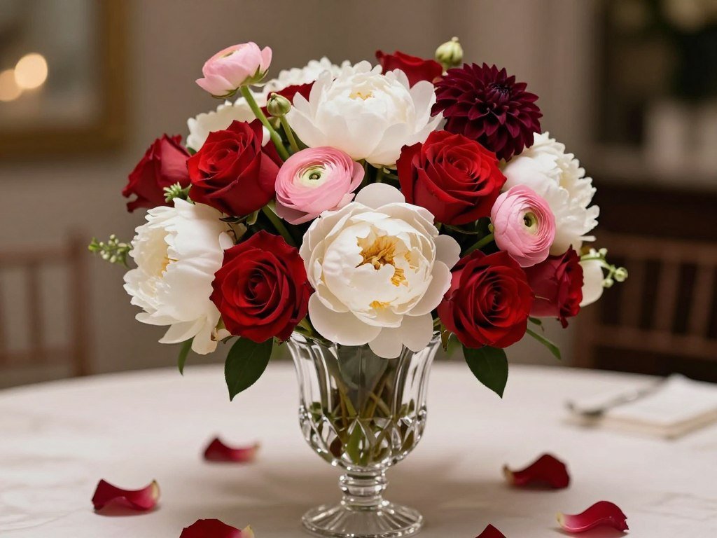 variety of proposal flowers in romantic arrangement