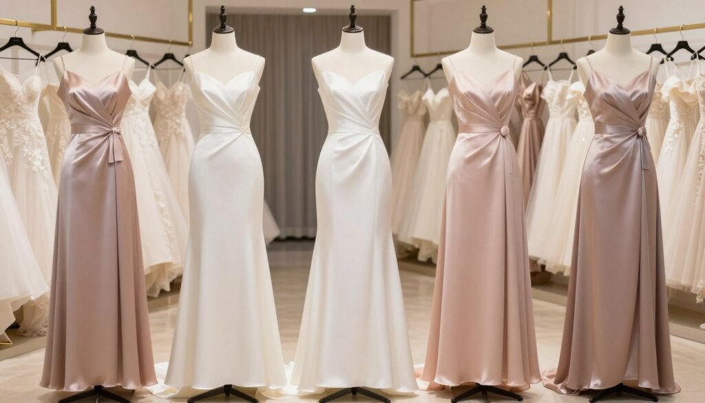 variety of satin bridesmaid dresses showing different price points