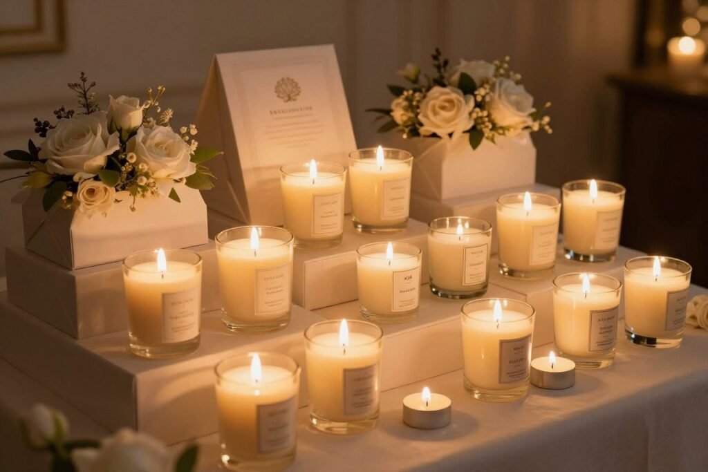 variety of scented candles and decorative candles as wedding favors