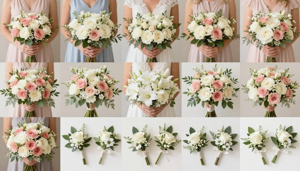 variety of wedding floral arrangements in coordinated colors