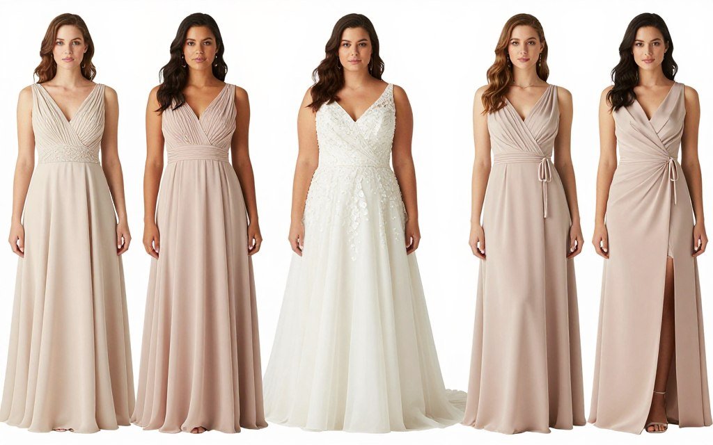various body types wearing flattering neutral bridesmaid dress styles