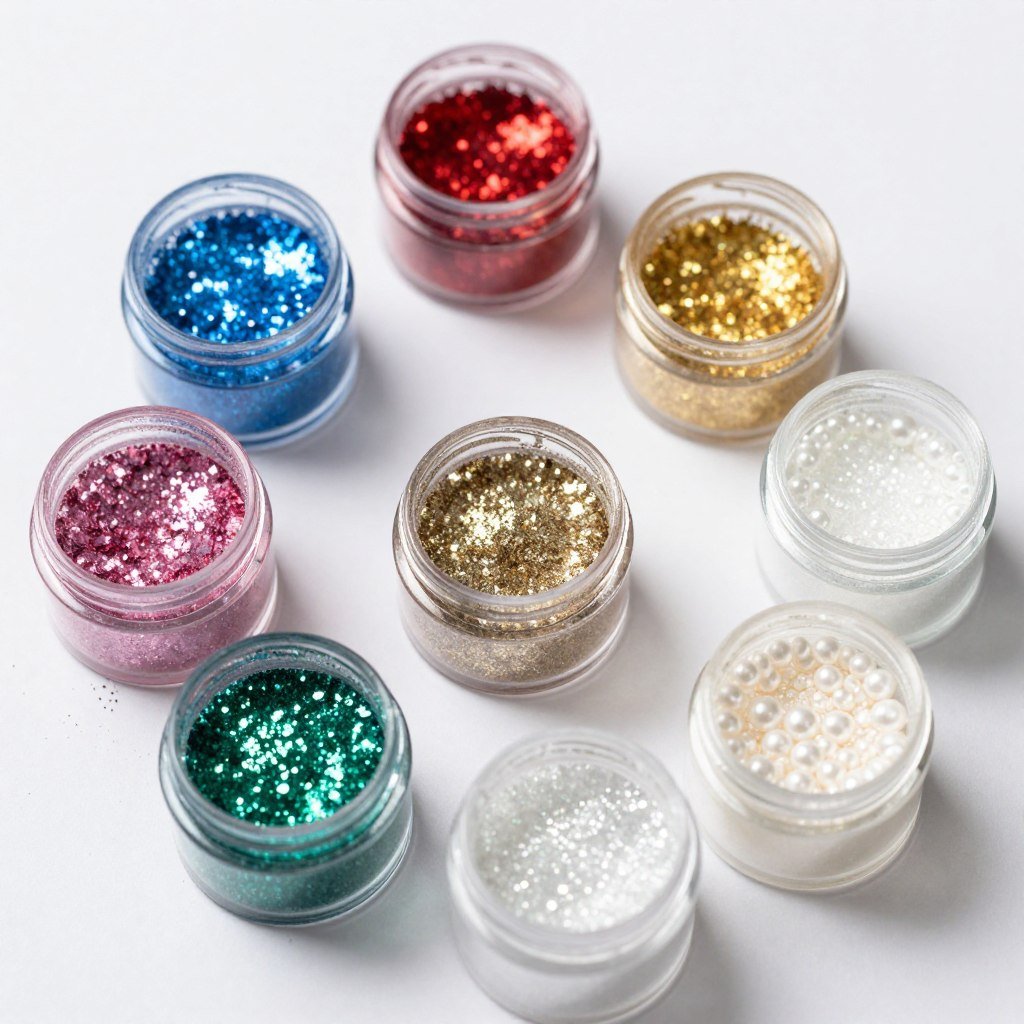 various containers of edible glitter and sparkle dust