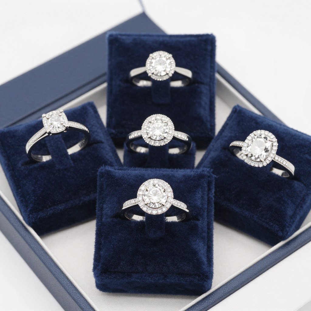 various engagement ring styles displayed on velvet