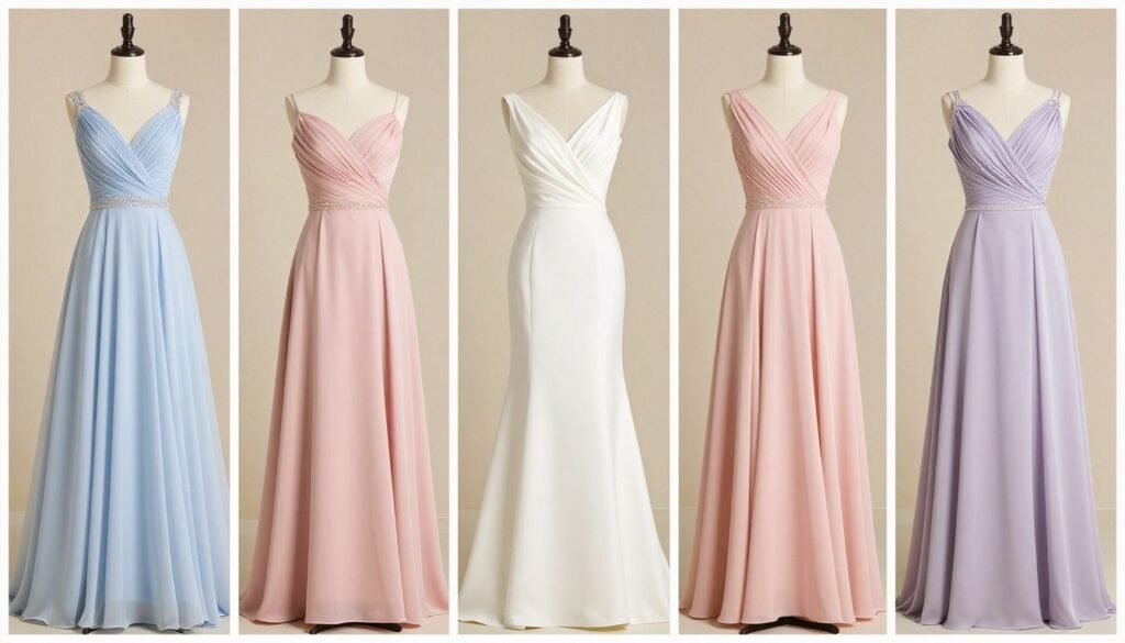various pastel bridesmaid dress styles showing different silhouettes various pastel bridesmaid dress styles showing different silhouettes