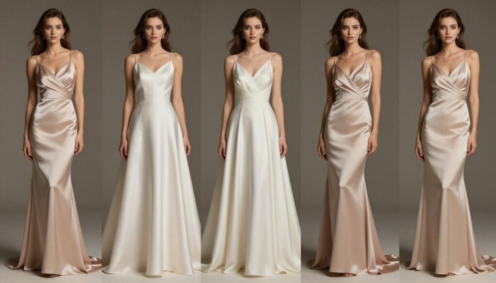 various satin neutral bridesmaid dress styles showing different silhouettes