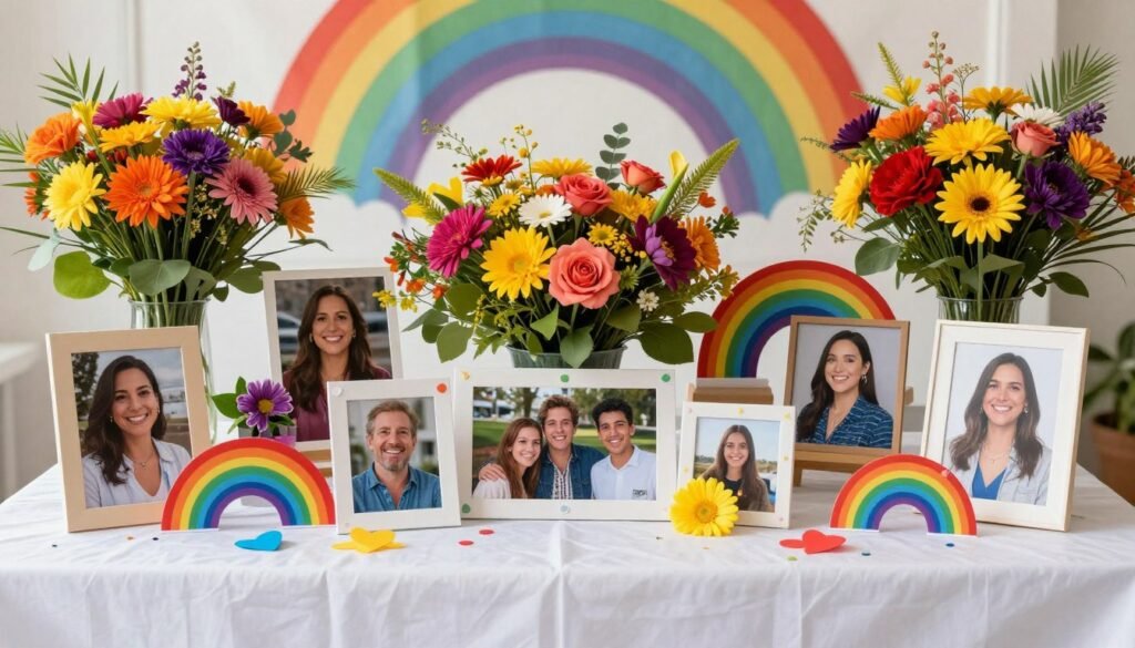 vibrant celebration of life memorial with colorful flowers