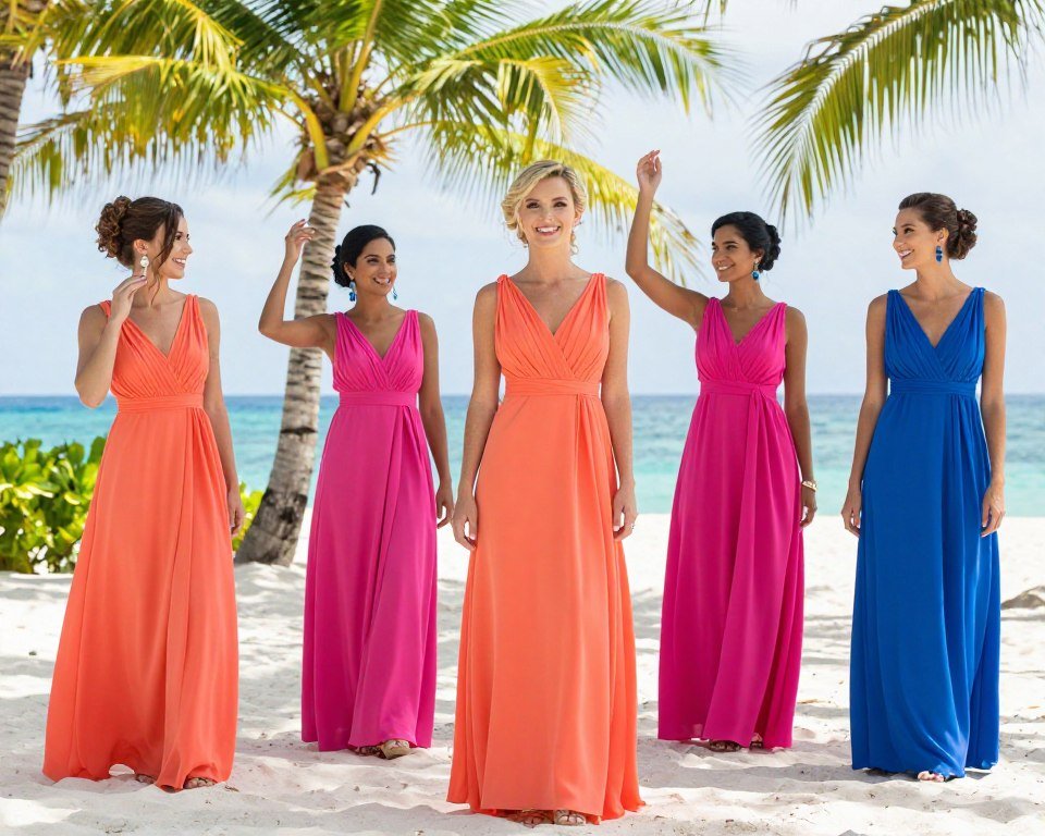 vibrant colorful bridesmaid dresses in coral fuchsia and cobalt blue making bold statement