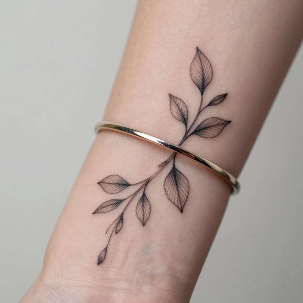 vine and leaf wedding ring tattoo showing organic flowing design