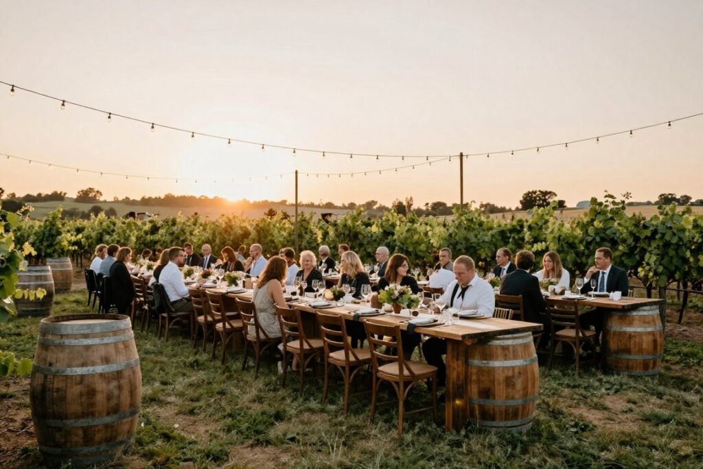 vineyard micro wedding reception with wine barrels and outdoor seating