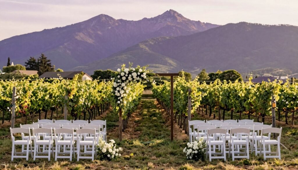 vineyard wedding ceremony with mountain backdrop