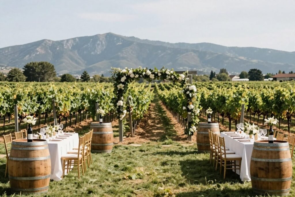 vineyard wedding venue with rows of grapevines and mountains vineyard wedding venue with rows of grapevines and mountains