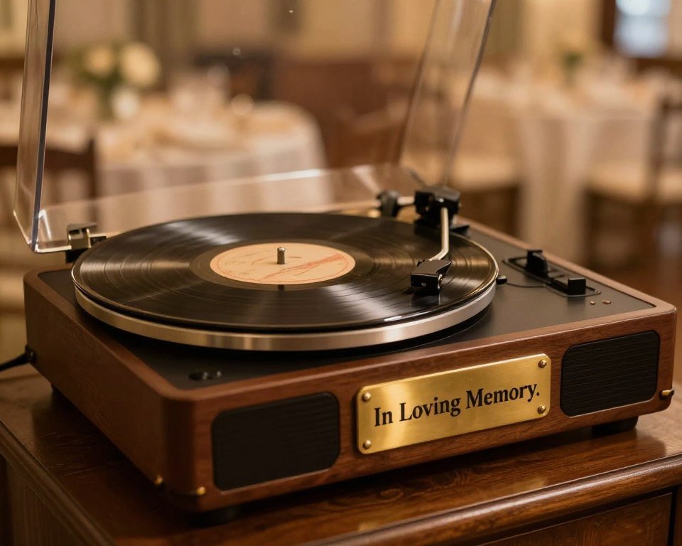vintage audio equipment playing memorial recording at wedding