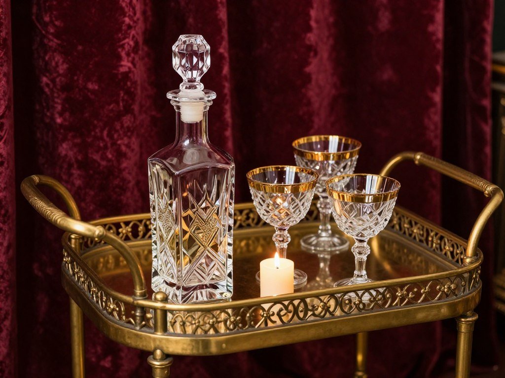 vintage bar cart with antique brass fixtures and crystal decanters vintage bar cart with antique brass fixtures and crystal decanters