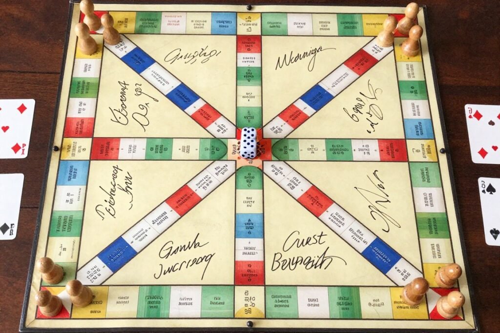 vintage board game with guest signatures on game board and wooden game pieces vintage board game with guest signatures on game board and wooden game pieces