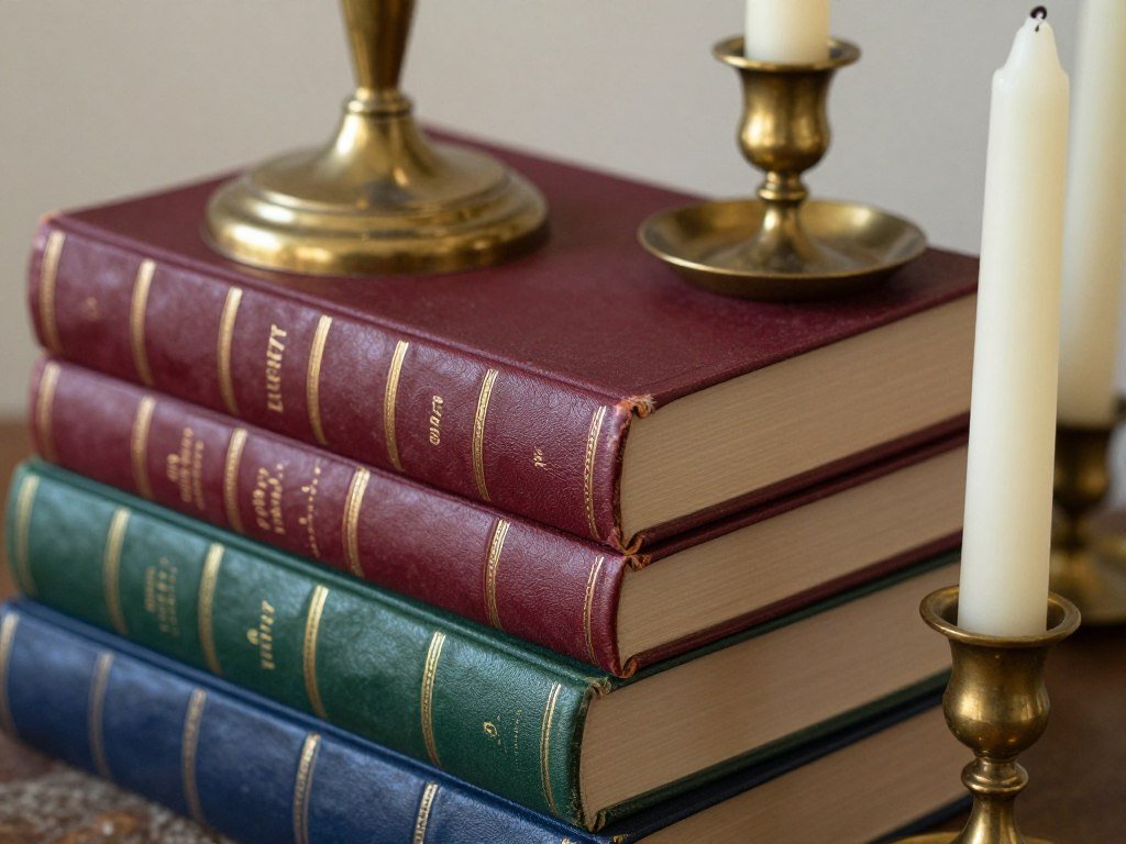 vintage book centerpiece with stacked antique hardcovers and brass candlesticks vintage book centerpiece with stacked antique hardcovers and brass candlesticks