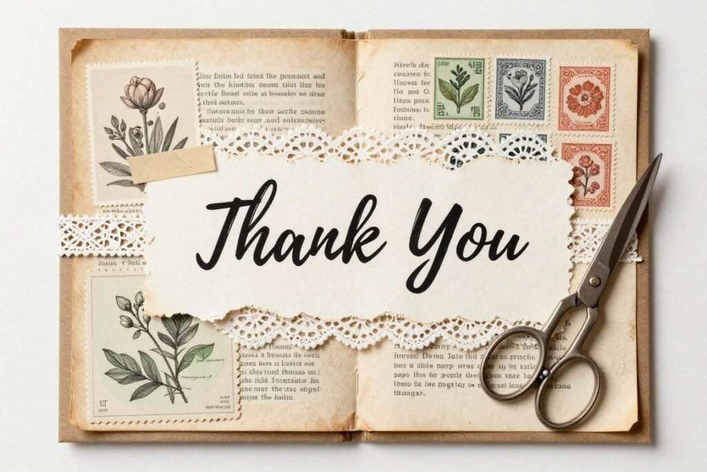 vintage collage thank you card with ephemera and mixed materials