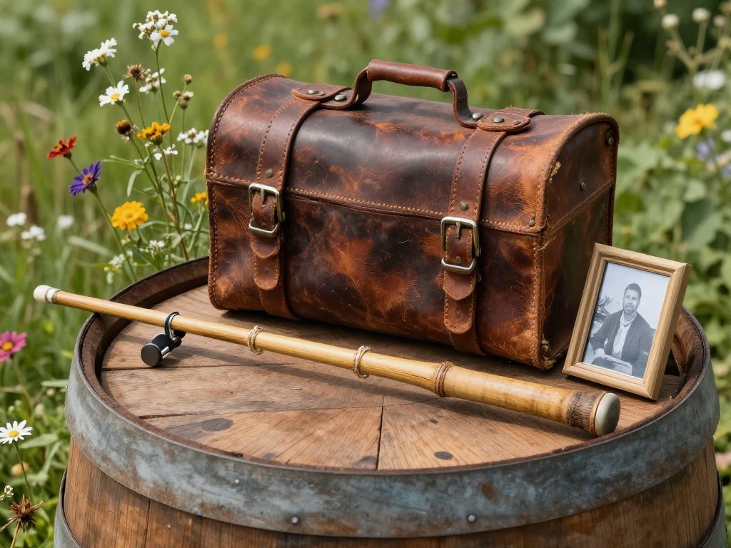 vintage fishing rod and tackle box displayed as wedding memorial decor