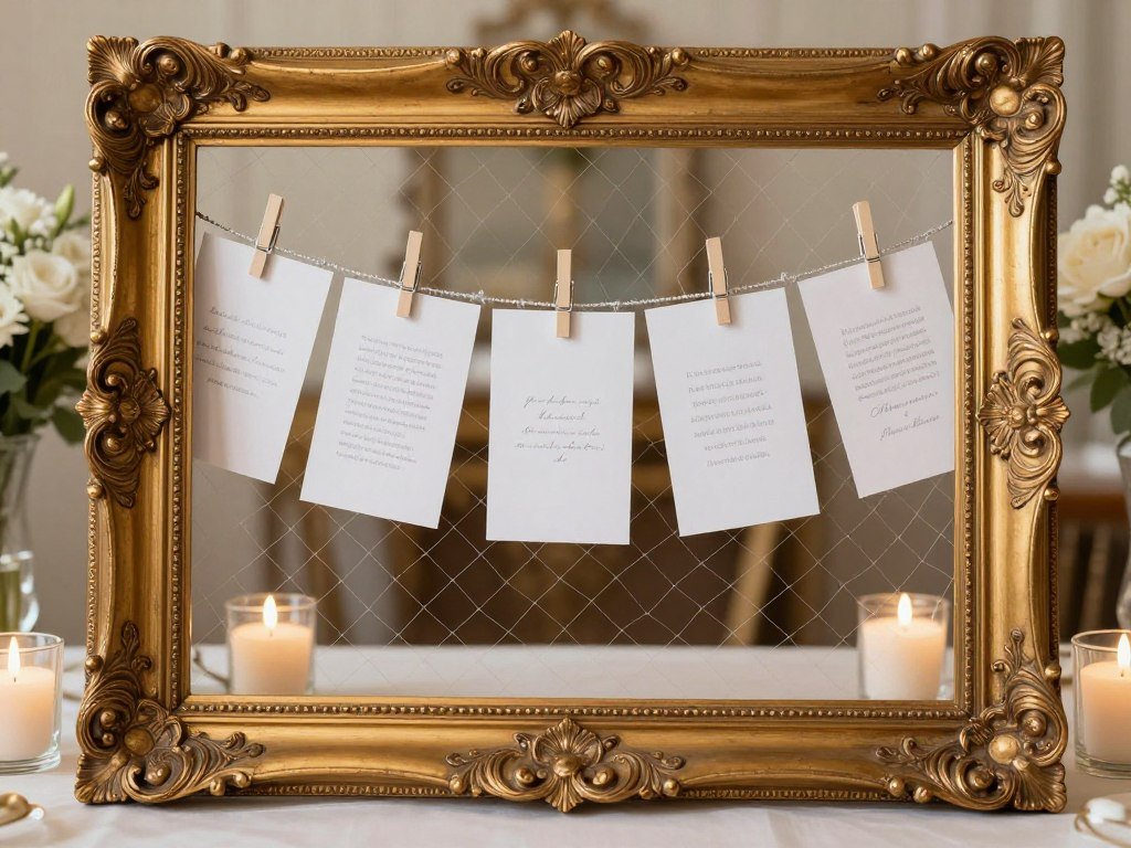 vintage frame with chicken wire holding escort cards vintage frame with chicken wire holding escort cards