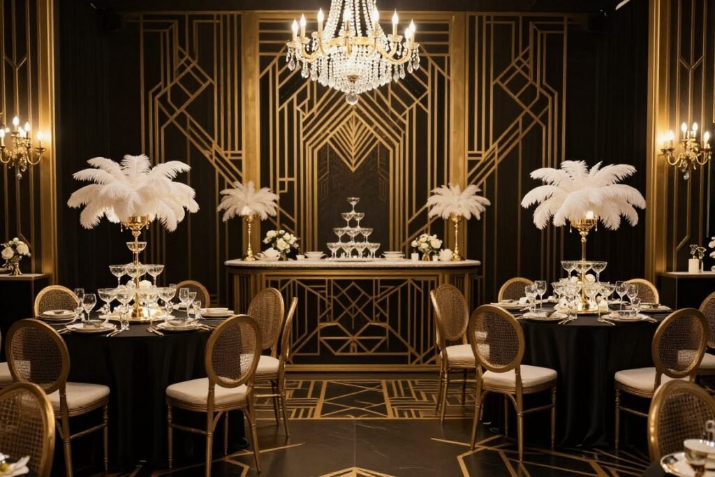 vintage glamour wedding with antique details, crystal elements, and art deco influences