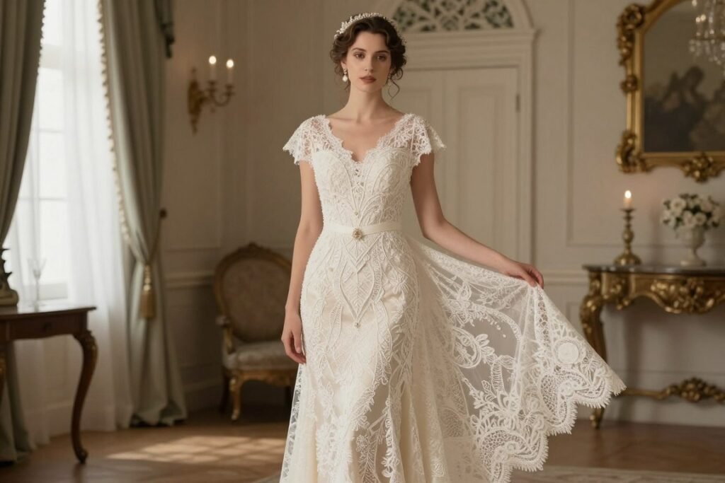 vintage inspired wedding dress with lace and beading