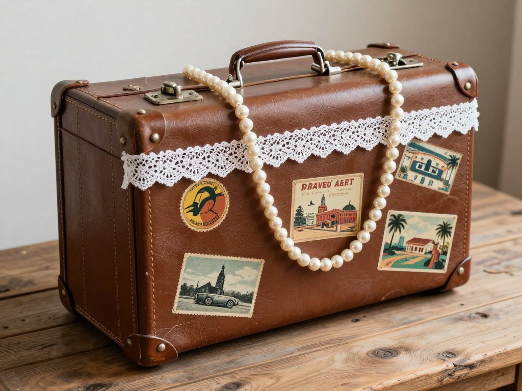 vintage leather suitcase decorated with lace and pearls as wedding card box vintage leather suitcase decorated with lace and pearls as wedding card box