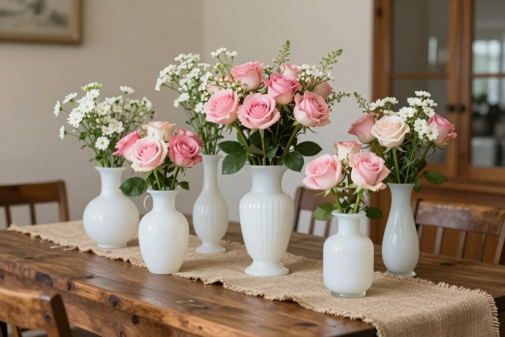vintage milk glass vases with flowers on rustic wedding table