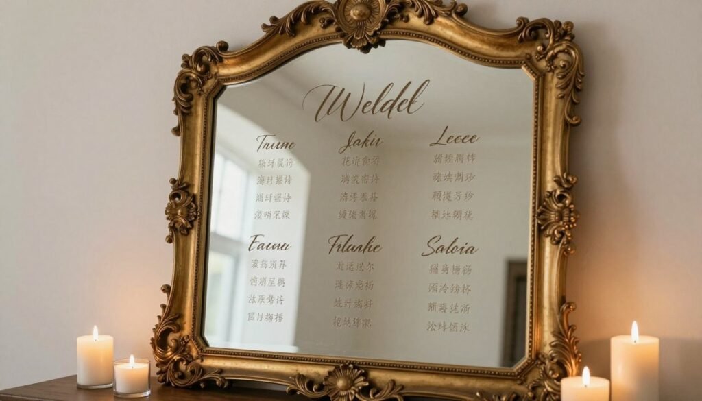 vintage mirror wedding seating chart with calligraphy