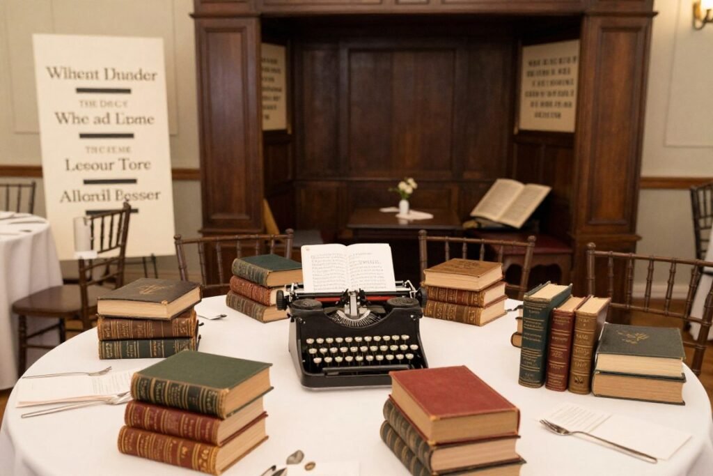 vintage storybook wedding theme with antique books