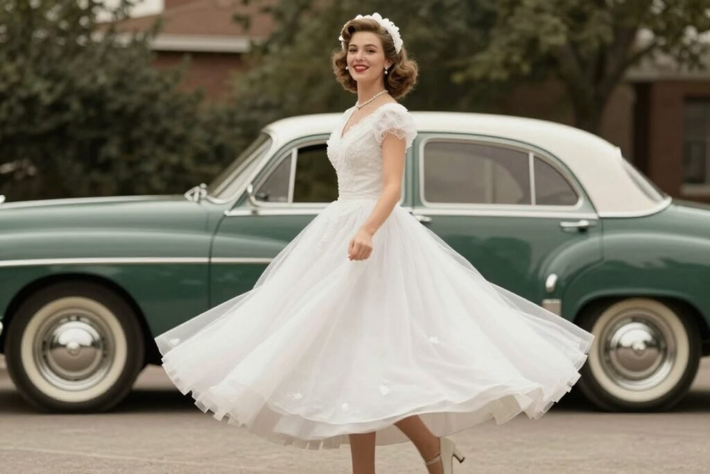 vintage tea length wedding dress from 1950s era