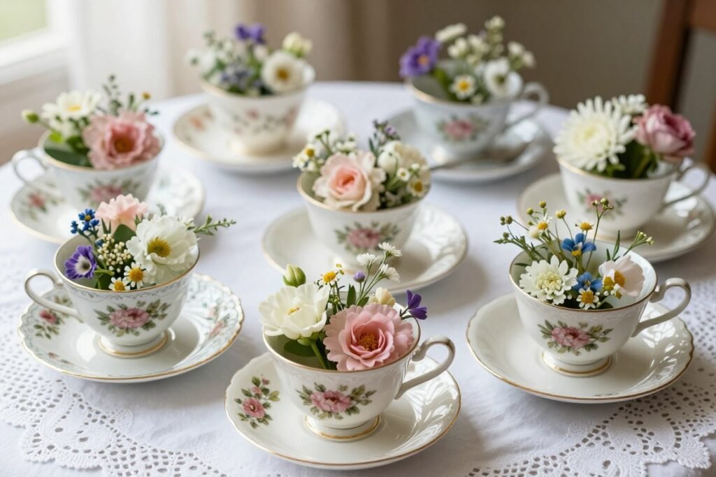 vintage teacup arrangement with fresh flowers for tea party shower vintage teacup arrangement with fresh flowers for tea party shower