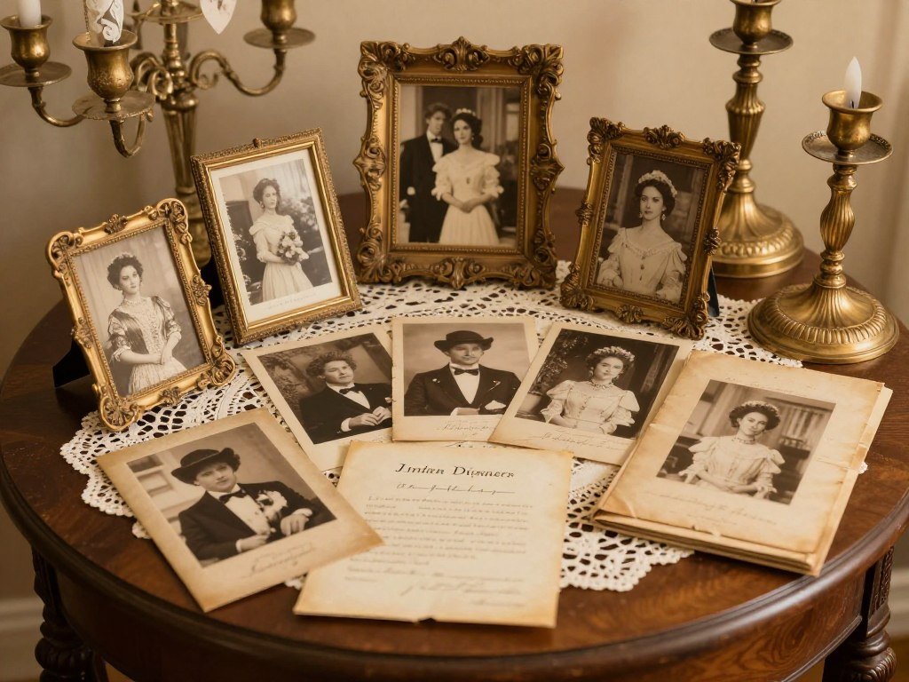 vintage themed memorial with antique items and sepia photos