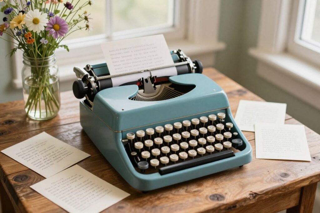 vintage typewriter on wooden table with guests' wedding messages and blank paper cards ready for well wishes vintage typewriter on wooden table with guests' wedding messages and blank paper cards ready for well wishes